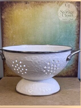 White Enamel Colander with Pedestal and Handles - Rustic Kitchen Strainer